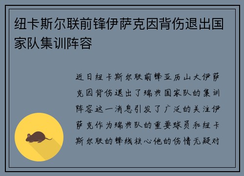 纽卡斯尔联前锋伊萨克因背伤退出国家队集训阵容 纽卡斯尔联前锋伊萨克因背伤退出国家队集训阵容